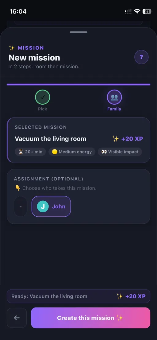 Household mission assignment screen