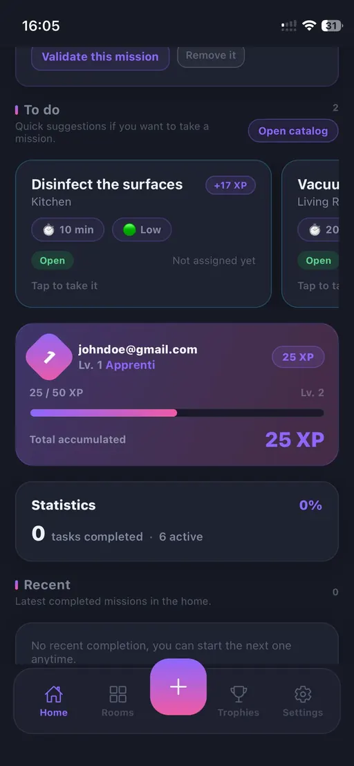 XP and levels screen